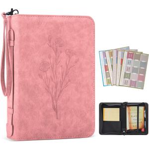 MOSLA PU Leather Bible Cover Case for Men Women - Large Waterproof Protective Case With Handle, Carrier Tote Bag With Christian Accessories Gifts (Pink 19#, M)