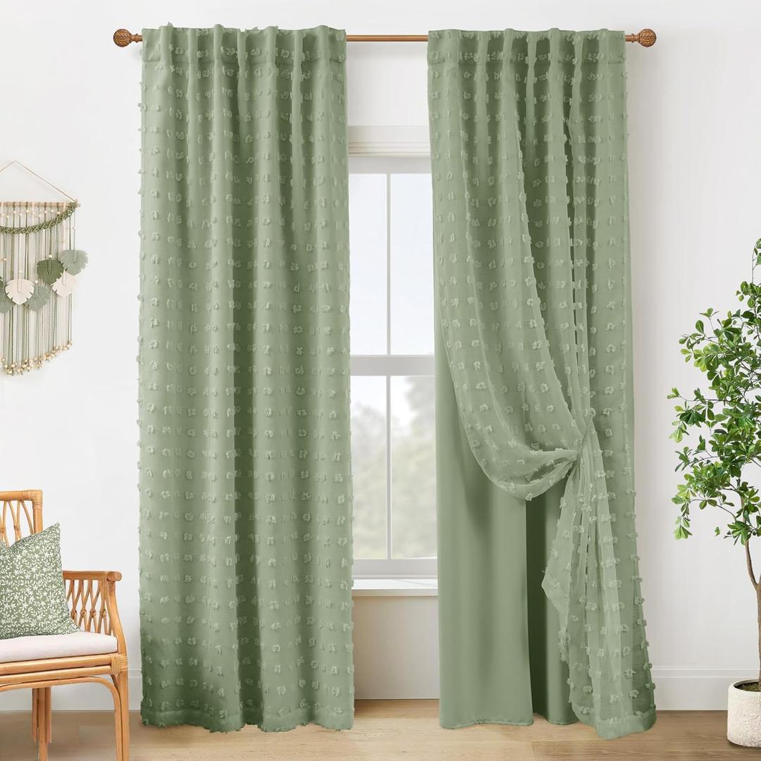 Sage Green Curtains Room Darkening Blackout Light Weight Boho Pom Pom Pattern Farmhouse Cottage Core Cottagecore Curtains for Bedroom Living Room 84 Inches Long 2 Panels, 50"W x 84"L