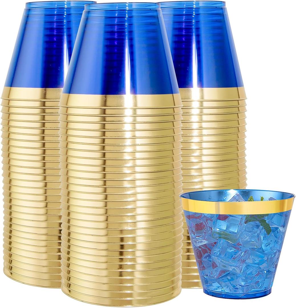 100 Pack 9 oz Blue Plastic Cups, Clear Disposable Cups with Gold Rim, Plastic Cocktail Glasses for Party & Graduation & Wedding