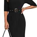 GRACE KARIN Women's Work Dress 3/4 Sleeve V Neck Bodycon Sheath Dress Zipper Up Office Business Dresses with Belt (Medium, Black)