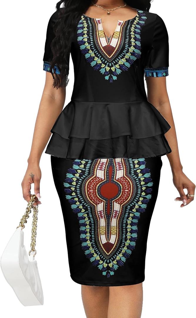 VisiChenup African Dress for Women Sexy Elegant Short Sleeve Bodycon Ladies Pencil Dresses (Small, Black)