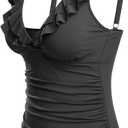Yonique Women's Tankini Top Only Tummy Control Bathing Suit Top Ruffle Swimsuit Top V Neck Swim Tank Top No Bottom (Black, M)
