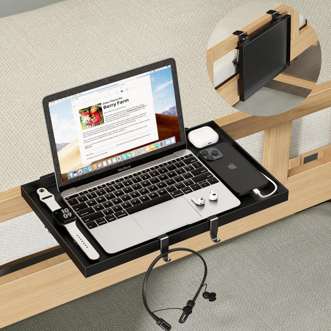 Magheo Foldable Bedside Shelf, Metal Clip-On Bunk Bed Table Shelf for Top Bunk Heavy Duty Bed Side Table Tray for College Dorm Room Essentials, Loft Nightstand Organizer Tray with 3 Cord Hole(Black) (14.76" x 9.68" x 0.79")