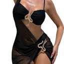 WDIRARA Women's 3 Piece Swimsuit Ring Linked Bikini Set with Sheer Cover Up Dress (Medium, Black)