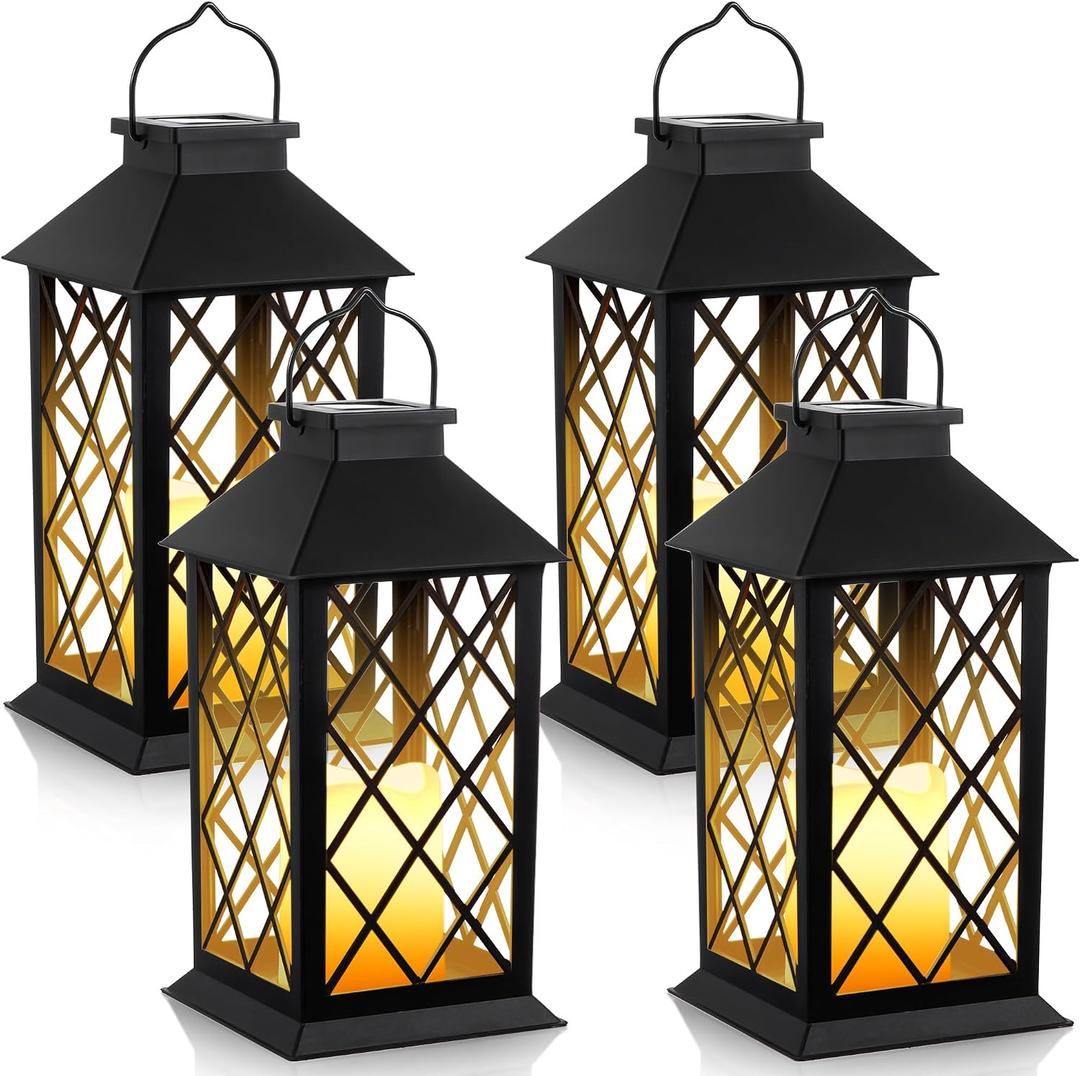 4 Pack Solar Hollow Lanterns Outdoor, Waterproof Patio Hanging Lanterns with LED Flickering Flameless Candle Lights, Decorative Solar Lantern for Porch, Garden, Patio, Yard, Table