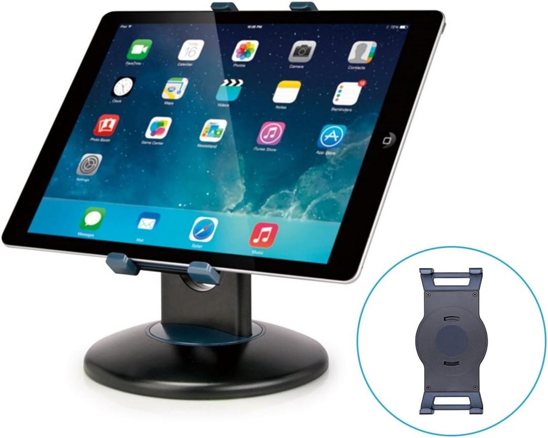 Premium 360 Rotating Tablet Stand for Desk  Adjustable Tablet Holder for 7.9 to 13 Devices, Swivel Weighted Base, Sturdy Black Metal iPad Stand for Office, Home, and Retail Display