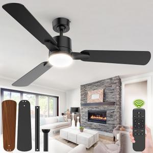 Ceiling Fans with Lights, 52 Inch Low Profile Ceiling Fan with Light and Remote Control,10 Min Quick Installation,Reversible,3CCT Dimmable,Quiet,Black Small Ceiling Fan for Bedroom Indoor/Outdoor