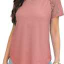 Beimuc Women's Summer Tops 2024 Trendy Lace Short Sleeve T-Shirts V-Neck Loose Casual, M