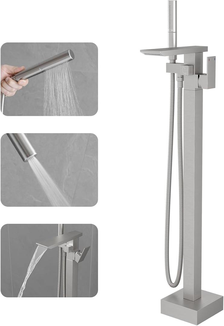 RUMOSE Brushed Nickel Bathtub Filler Freestanding Tub Filler Floor Mount Tub Faucet Waterfall Bathtub Faucet with CUPC Certified High Flow Brass Bath Shower Faucets with Handheld Sprayer