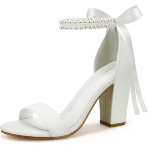 PARTY Women's Chunky Heels Open Toe Ankle Strap 3 inch Heeled Sandals (7.5, White Pearl)