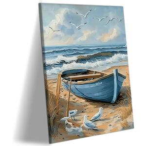 RJETZMU Coastal Boat Beach Canvas Wall Art, Gallery Wrapped Print, 16x24 | Soft Nautical Palette Solid Inner Wood Frame Peaceful Shoreline Scene Clean Frameless Edge Profile