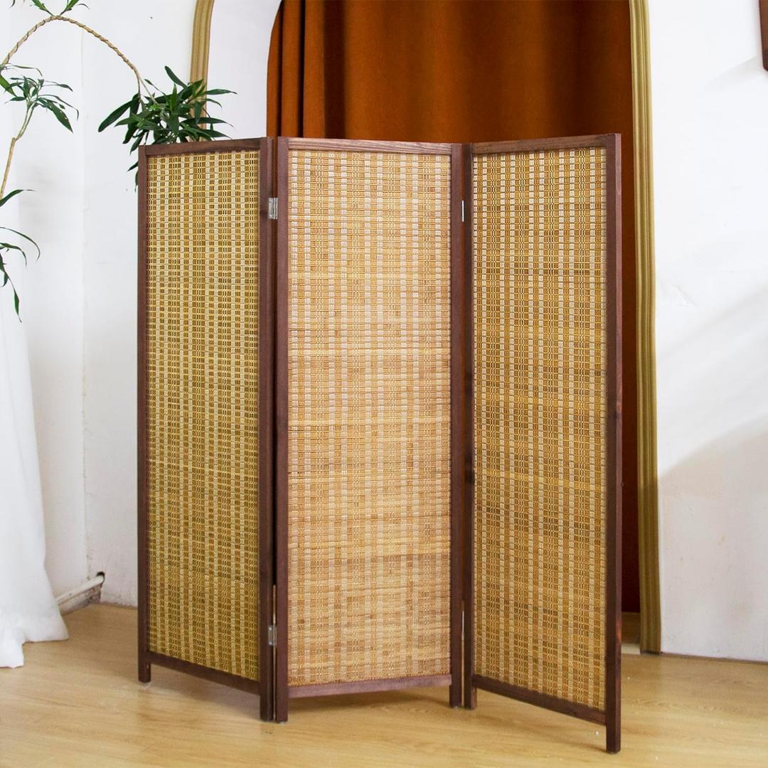 3 Panel Short Panel Divider Screen,3.95 FT Tall Bamboo Room Divider Folding Privacy Screen,Short Panel Divider Freestanding Room Divider for Room Seperation, Brown