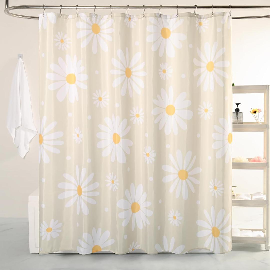 QJHOMO Beige Floral Shower Curtain Set Cute Dasiy Bathroom Curtain, Washable Waterproof Fabric Modern Farmhouse Shower Curtain with 6 Hooks, Colorful Flower Small Stall Shower Curtains 36x72 inch