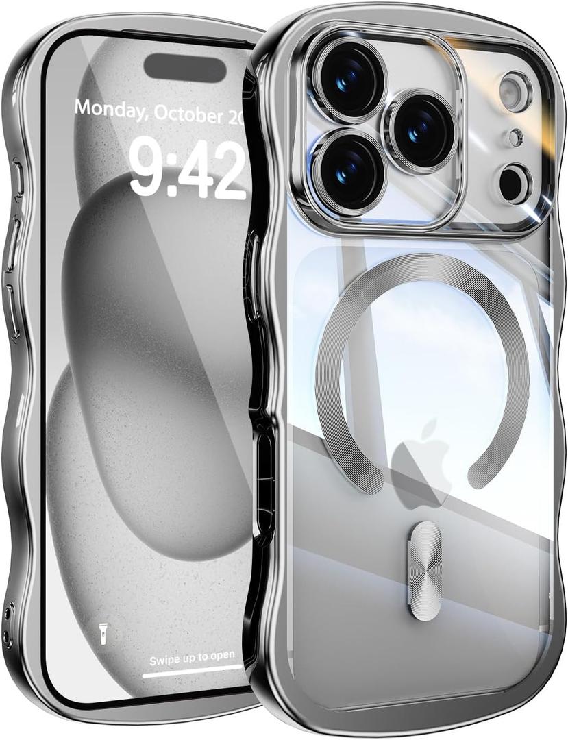 UEEBAI for iPhone 17 Pro Case, Cute Wave Frame Magnetic Phone Case Compatible with Magsafe Full Camera Protection Cover Soft Electroplated Phone Cover for Women Girls - Silver