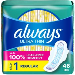 Always Ultra Thin Pads with Wings, Size 1, Regular, 46 Count