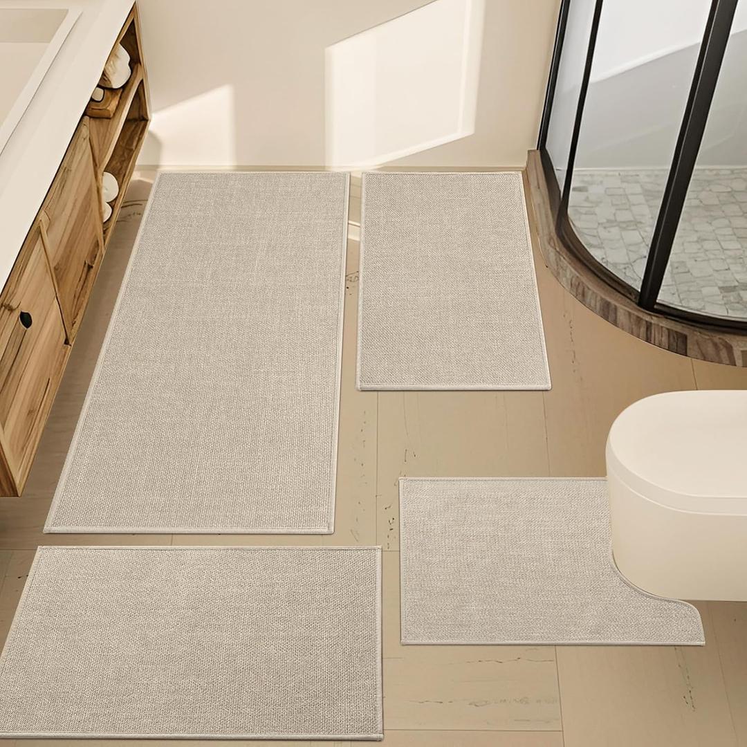YIHOUSE Beige Bathroom Rug Sets 4 Piece, Absorbent Bath Mat for Bathroom Non Slip Washable, Bathroom Mat Quick Dry, Thin Bath Rug Set for Toilet and Floor