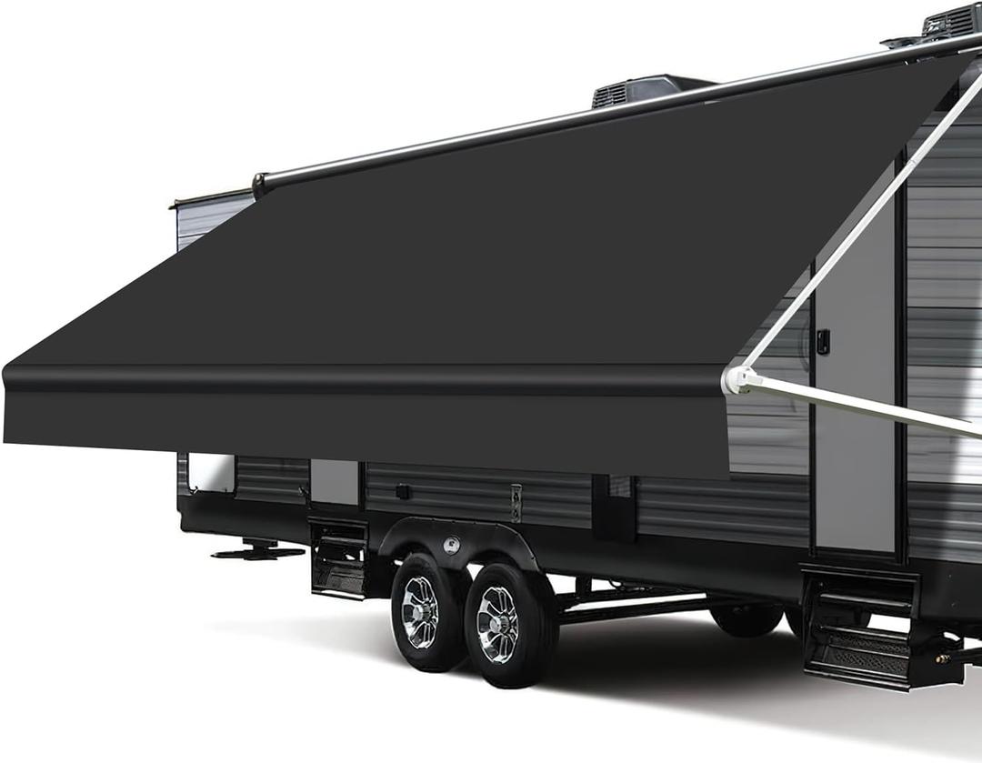 RV Awning Fabric Replacement, 18.5oz Heavy-Duty Weatherproof Vinyl Camper Awning Replacement Universal Outdoor Canopy for RV, Motorhome, Trailer Awnings (Black, 16'(Fabric 15'2"))