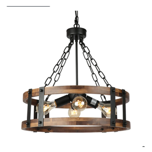 Farmhouse Rustic Wood Chandelier, 4-Light Industrial Drum Chandelier for Dining Room Vintage Pendant Hanging Light Fixture with Black Metal Accent for Kitchen Living Room Dining Area Farmhouse Rustic Wood Chandelier, 4-Light Industrial Drum Chandelier for Dining Room Vintage Pendant Hanging Light Fixture with Black Metal Accent for Kitchen Living Room Dining Area