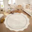 GarveeHome Scalloped Round Washable Rug, Soft Modern Round Rugs 5 ft Circle Carpets for Bedroom Ultra-Thin, Boho Beige Print Distressed Circular Carpet for Living Room Dorm Bedside, Beige