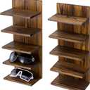 MyGift 5-Tier Rustic Burnt Solid Wood Sunglasses Holder Rack, Wall-Mount or Tabletop Eyewear Display Stand, Retail and Home Glasses Organizer, Set of 2 (Dark Brown)