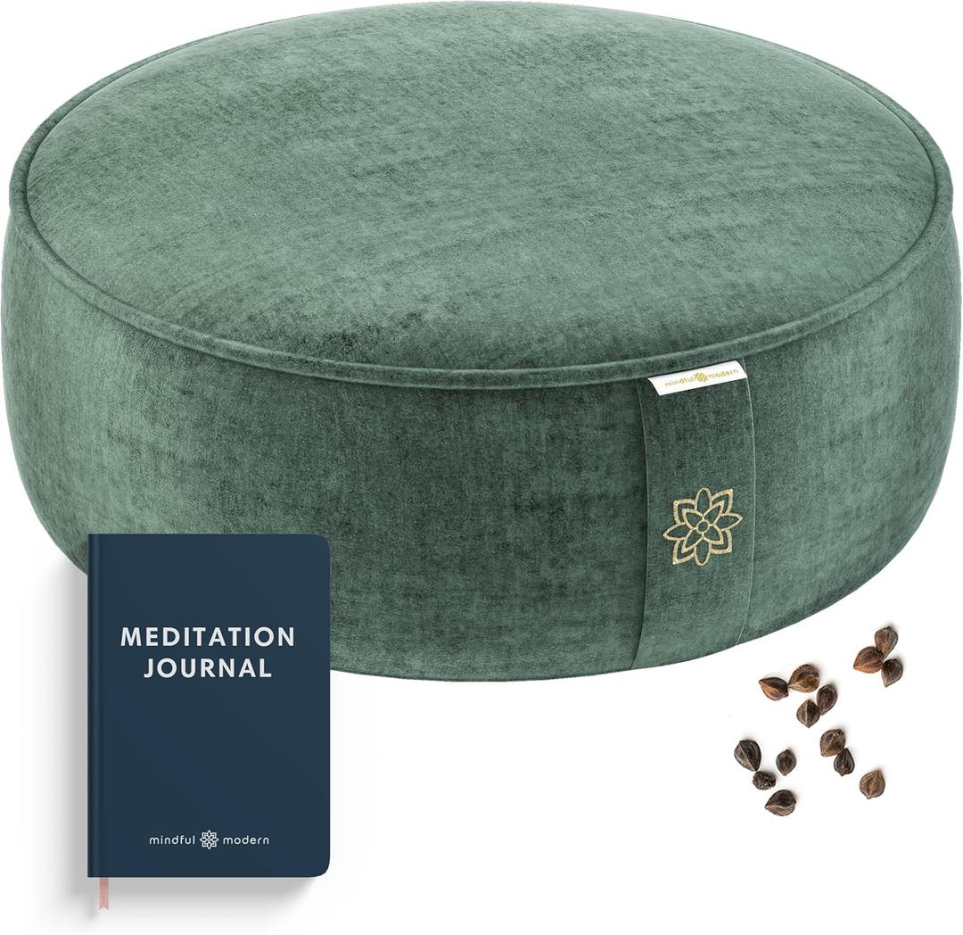 Mindful Modern Velvet Meditation Cushion | Luxe Zafu Yoga Floor Pillow Seat | Posture Support | Buckwheat Hull Filled | Large Round Cushion with Removable Washable Cover + Carry Handle (Emerald)