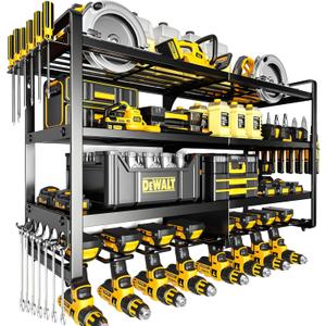 Large Power Tool Organizer Wall Mount,4 Layers Heavy Duty Metal Loads 400lbs,Power Tool Shelf Battery Storage with 8 Cordless Drill Holder, Utility Racks for Garage Workshop (Black)