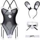 SNOMYRS Women's Sexy Bunny Roleplay Lingerie Perspective Mesh Plush Rabbit Set One Piece Bodysuit for Costume Cosplay Party