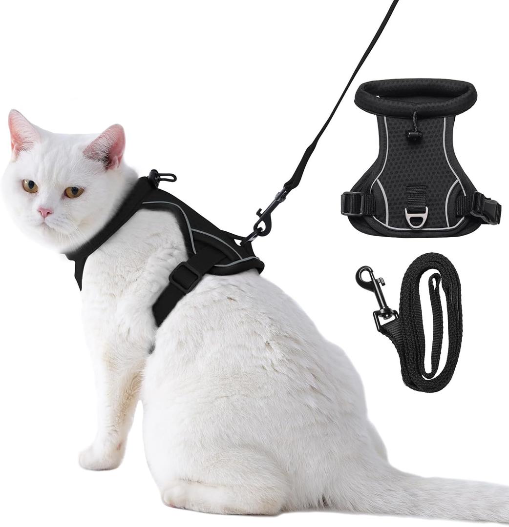 Dotoner Escape Proof Cat Harness and Leash Set Adjustable Soft Mesh Vest for Walking Safe Travel Vet Visit with Reflective Strips for Cats and Kittens (Black-L)