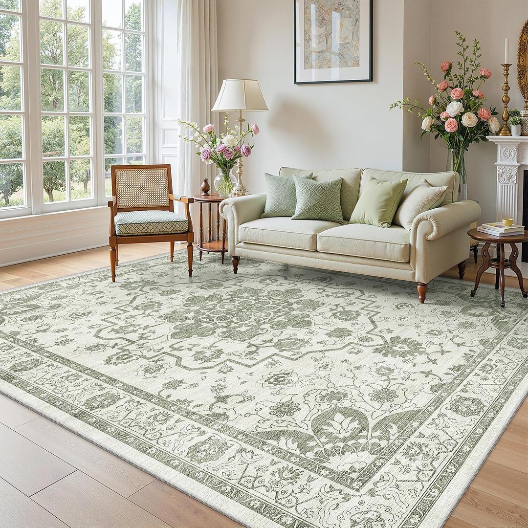 Madane 9x12 Area Rugs for Living Room, Machine Washable Vintage Green Rug with Non-Slip Backing, Soft Throw Large Rug, Thin Carpet for Bedroom Dining Room Farmhouse Under Table, Green/Ivory