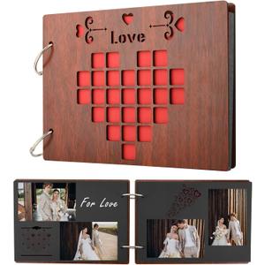 Wooden Photo Album, Handmade DIY One Year Memory Notebook Family Photo Album, Couples Our First Year Scrapbook, Husband Wife Memory Book for Dating Gifts, First Paper Anniversary (Heart Style)