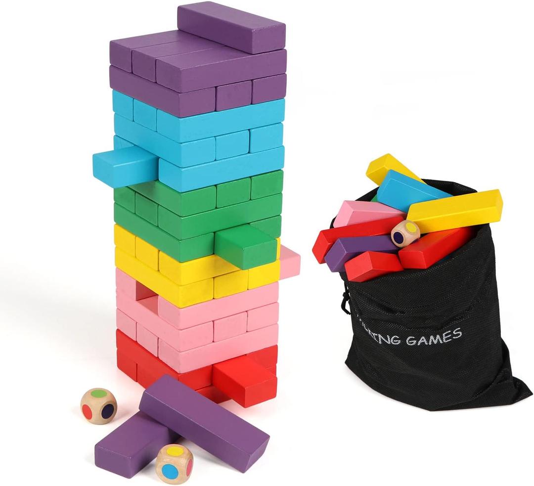 Wooden Blocks Stacking Games, 48PCS Tumbling Stacking Blocks Game for Kids and Families, Wood Colorful Balancing Blocks Montessori Toys for Kids with Storage Bag