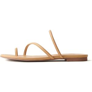 Women's Strappy Flat Sandals Slip On Slides Toe Ring Slippers with Cross Strap Comfortable Open Toe Summer Flats Shoes (8, Nude)