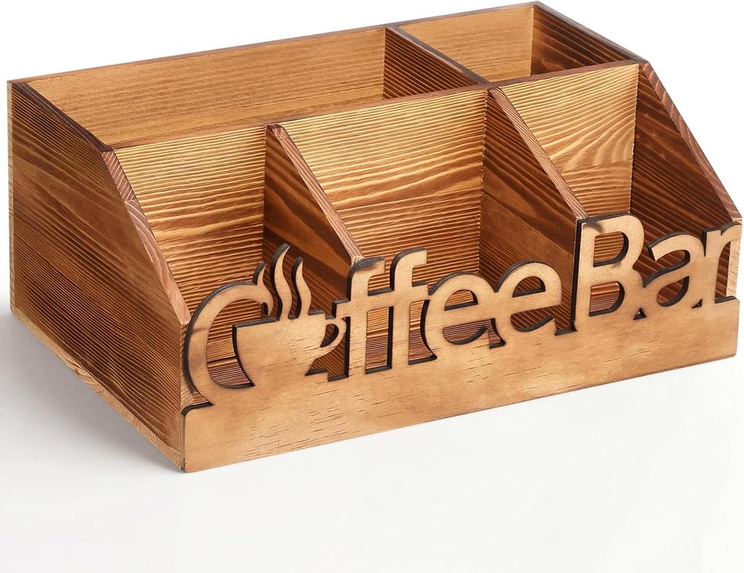 Coffee Station Organizer for Counter Wood Countertop Accessories Organizer Coffee Pods Holder Storage Basket for Pods Condiment Syrup Tea Cups Stirrers for Rustic Bar Decoration (Natural)