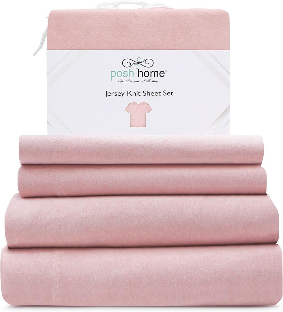 Posh Home King Size Jersey Knit Sheet Set, 4-Piece - Soft & Breathable All-Season Cotton Blend with Deep Pockets - Flat Sheet, Fitted Sheet & 2 Pillowcases - Pink