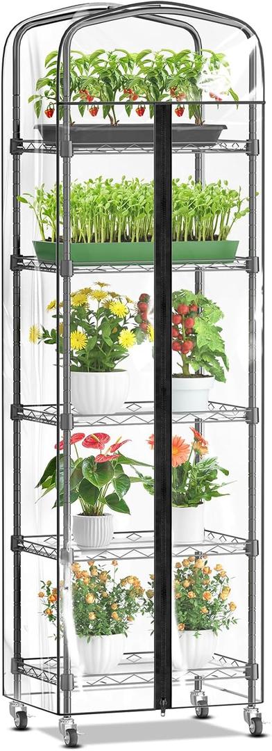 Mini Indoor Greenhouse Kit - 5 Tier Small Greenhouse with Shelves, PVC Cover & Wheels Portable Cabinet Plant Stand Rack for Seed Starting, Growing Plants, 16"x11"x57"
