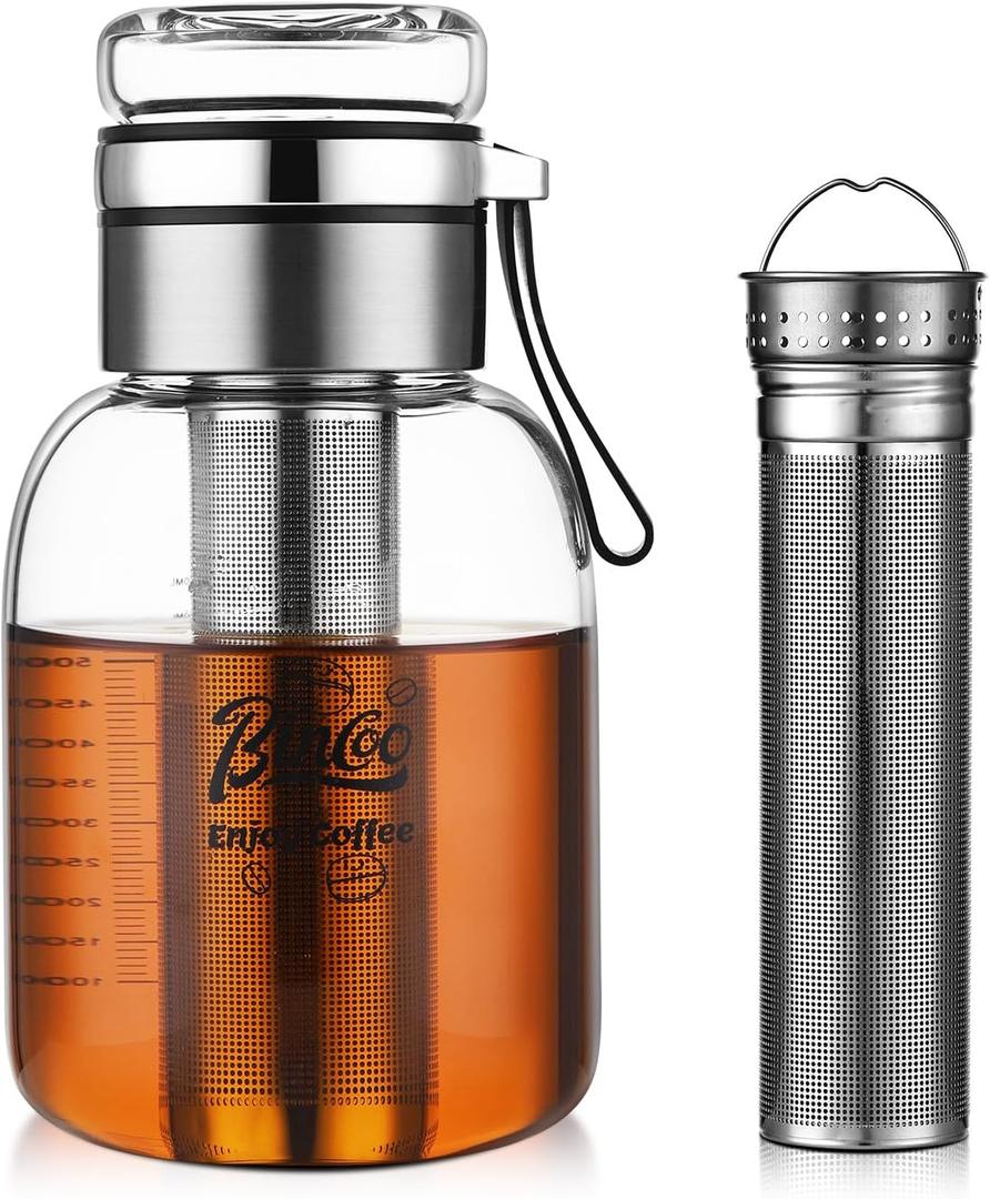 Glass Cold Brew Coffee Maker with Extended Fine Mesh Filter, Tea Infuser Bottle Iced Coffee Maker with Thick Borosilicate Glas (800ml/27oz)