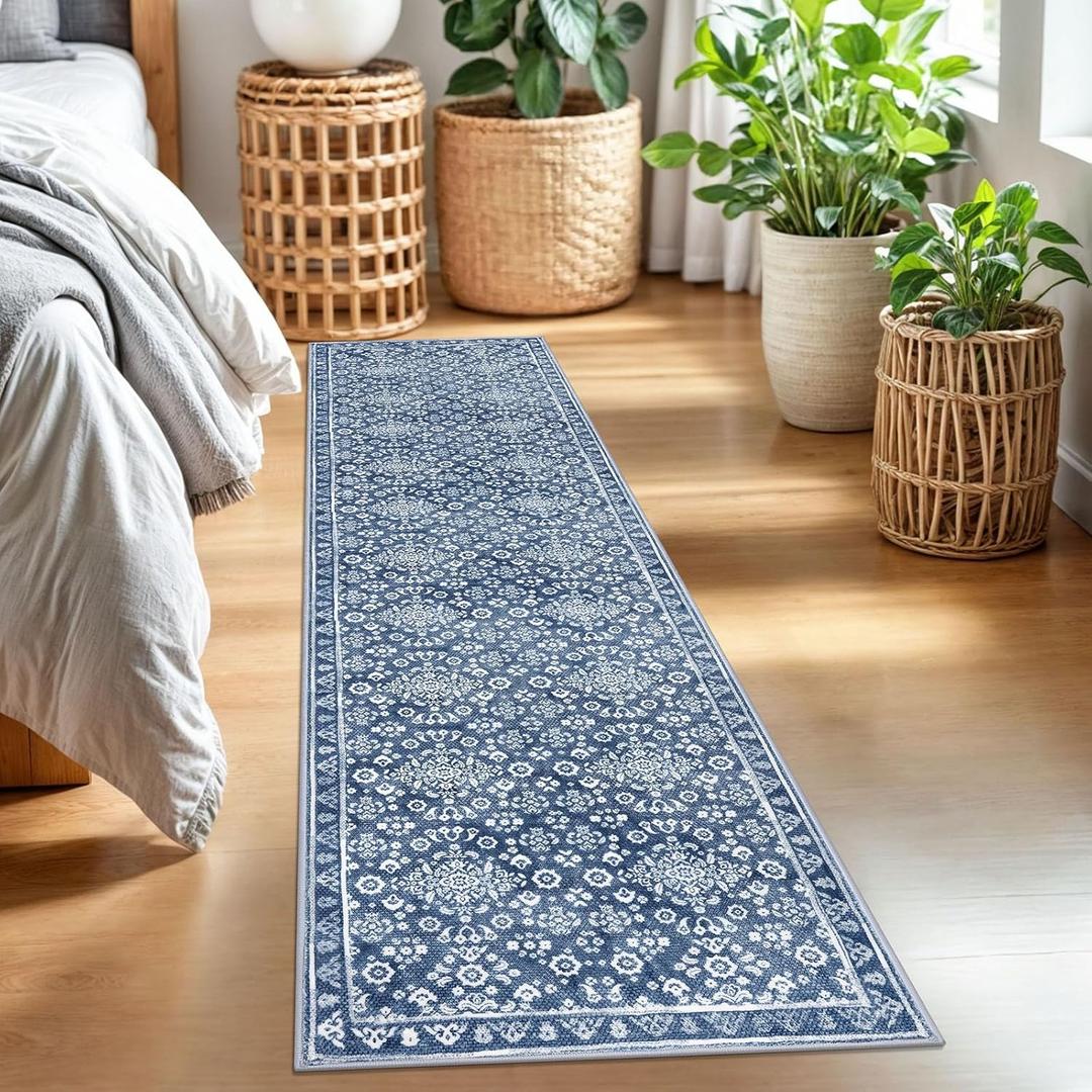 Vintage 2x7 Runner Rug, Denim Blue White Washable Runners for hallways, Super Soft Kitchen Runner Rug Non Slip, Print Faux Wool Floral Thin Carpet Runner for Entryway Indoor Bedside Runner
