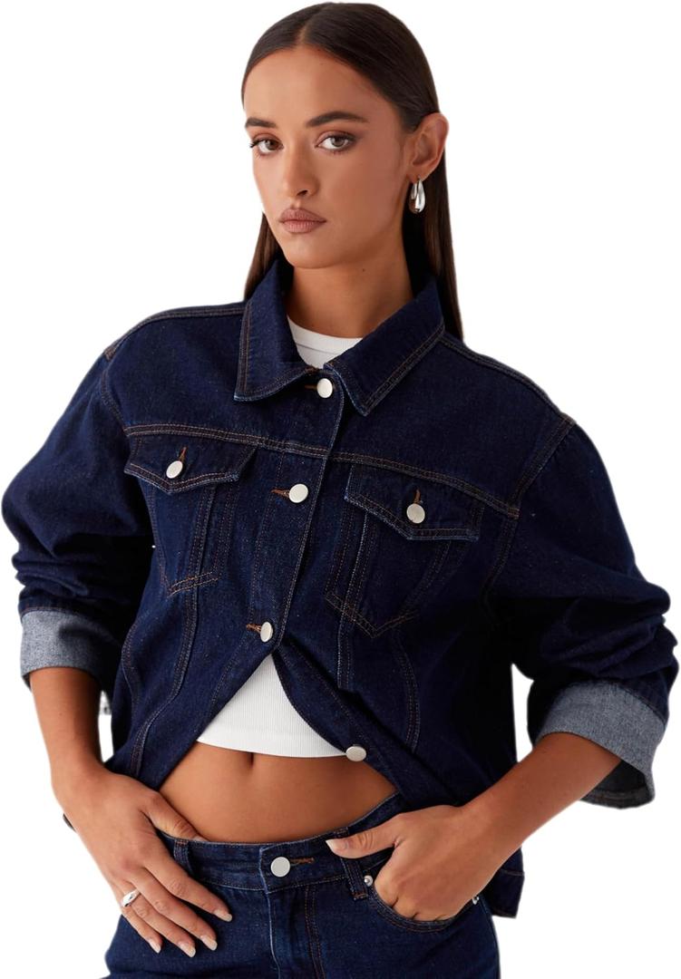Sarwoldey Jean Jacket Women Dark Indigo Denim Jacket (US 4-6)