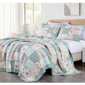 Chezmoi Collection Abbi 3-Piece Shabby Chic Bedding Oversized King Quilt Set Pre-Washed Cotton Floral Coverlet Bedspread Ruffled Patchwork Quilt, Oversized King Size