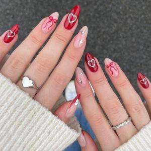 24Pcs Valentines Day Press on Nails Short Almond Fake Nails with Heart Star Designs New Year Bow False Nail Winter Acrylic Nail Kit Red French Tip Full Cover Stick on Nails for Women Nail Art Supplies