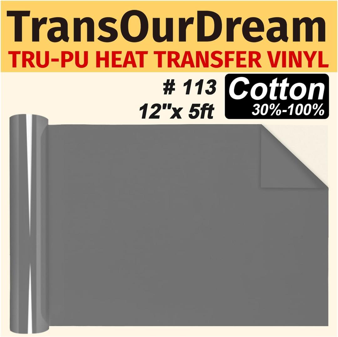TransOurDream Matte Grey HTV Heat Transfer Vinyl Roll for All Cutter Machines - 12'' x 5ft PU Grey Iron on Vinyl for T-Shirts - Thin and Easy to Weed