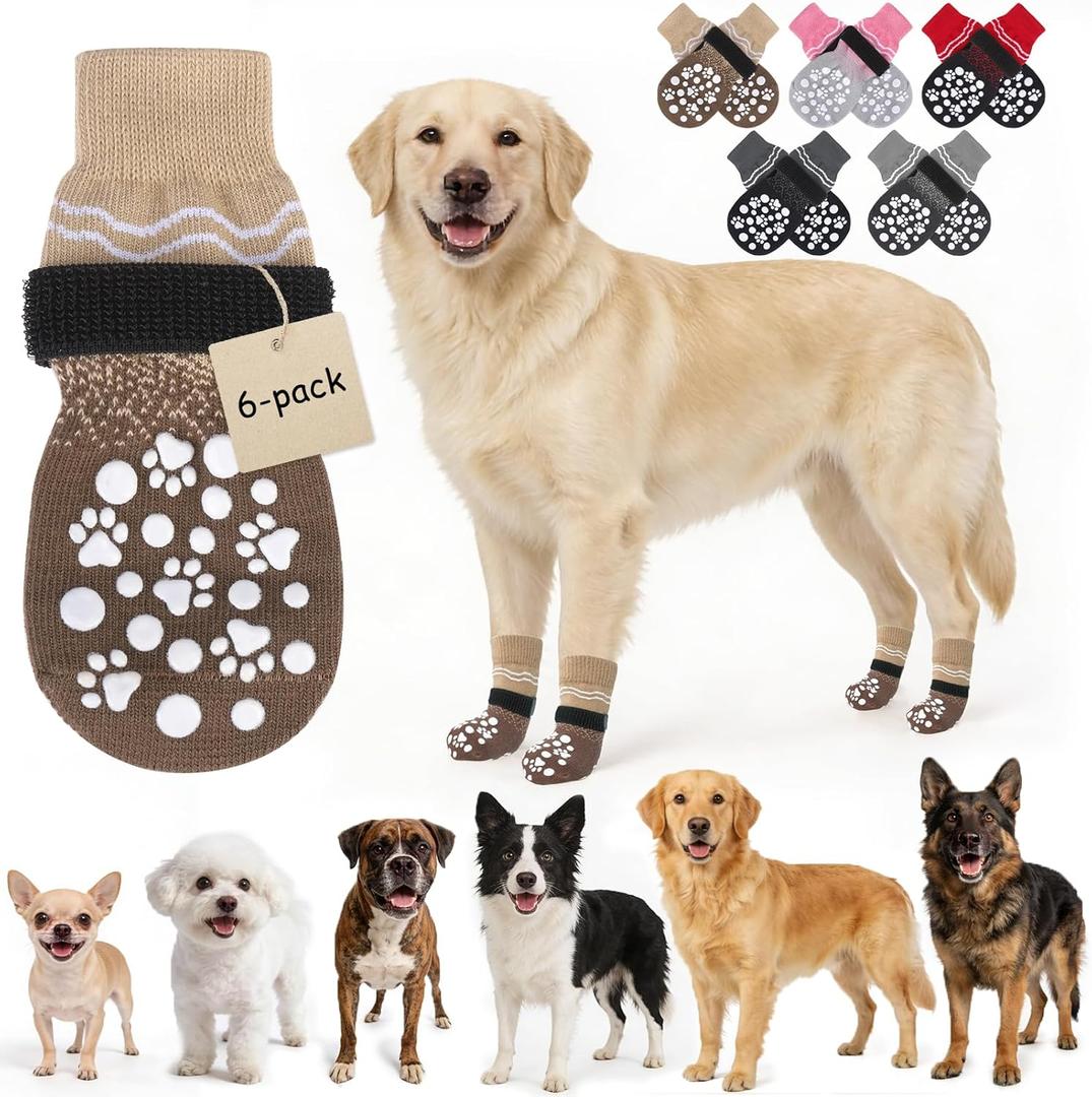 BINGPET 6PCS Dog Socks to Prevent Licking Paws with Grippers for Hardwood Floors Anti Slip, Winter Pet Shoes Booties, Extra-Thick Grip Dog Boots & Paw Protectors for Small Medium Large Senior Dogs, XL