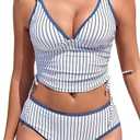 RIHOAS Women's Tankini Swimsuits Tummy Control Two Piece Bathing Suits Drawstring Cropped Top with High Waisted Bottom Navy Stripe, XL