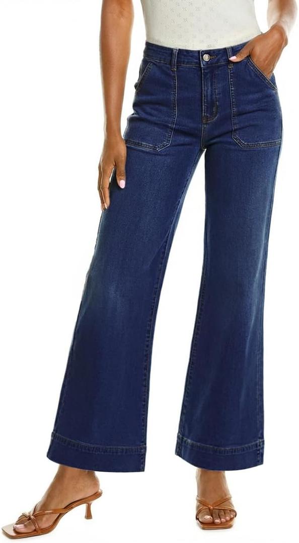 ZESICA Wide Leg Jeans for Women Trendy High Waisted Strechy Loose Straight Denim Pants with Pockets (16, Darkblue)