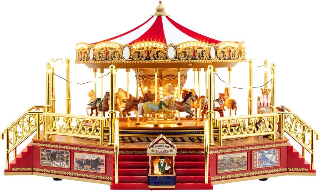 Mr. Christmas Gold Label Animated and Musical Carousel, Christmas Decoration, LED Lights, Plays 50 Songs, 8 Inch, Red