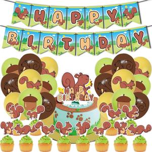 Squirrel Birthday Party Supplies Woodland Animals Party Decorations Include HAPPY BIRTHDAY Banner Balloons Cake Topper Cupcake Toppers Cartoon Zoo Animals Birthday Party Decorations