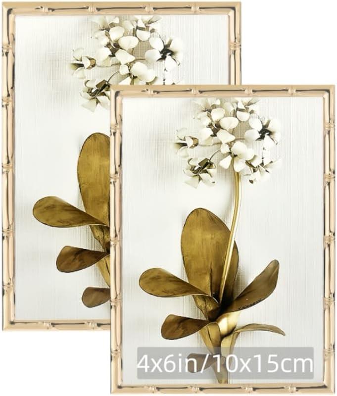 4"x6" Picture Frame Gold Metal Bamboo Design,for Photo 4 by 6 Vertical or 6 by 4 Horizontal,Wall & Tabletop Decortive,Modern Vintage Small Frame Self Standing & Hanging,without Mat