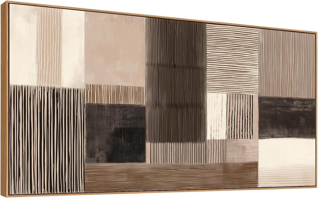HUADAOART 24x48 Inch Neutral Abstract Wall Art - Framed Brown Black Geometric Canvas Wall Decor Modern Minimalist Line Art Painting for Living Room Bedroom Office Boho Mid-Century Aesthetic Artwork Ready to Hang