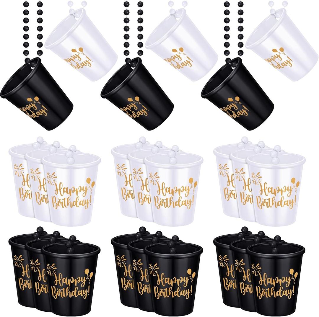 Sureio 24 Pack Shot Glass Necklaces Cups Bulk Birthday Shot Glass on Beaded Plastic Necklace for Happy Wedding Festival Parade Birthday Party Favor Anniversary Supplies(Black, White)