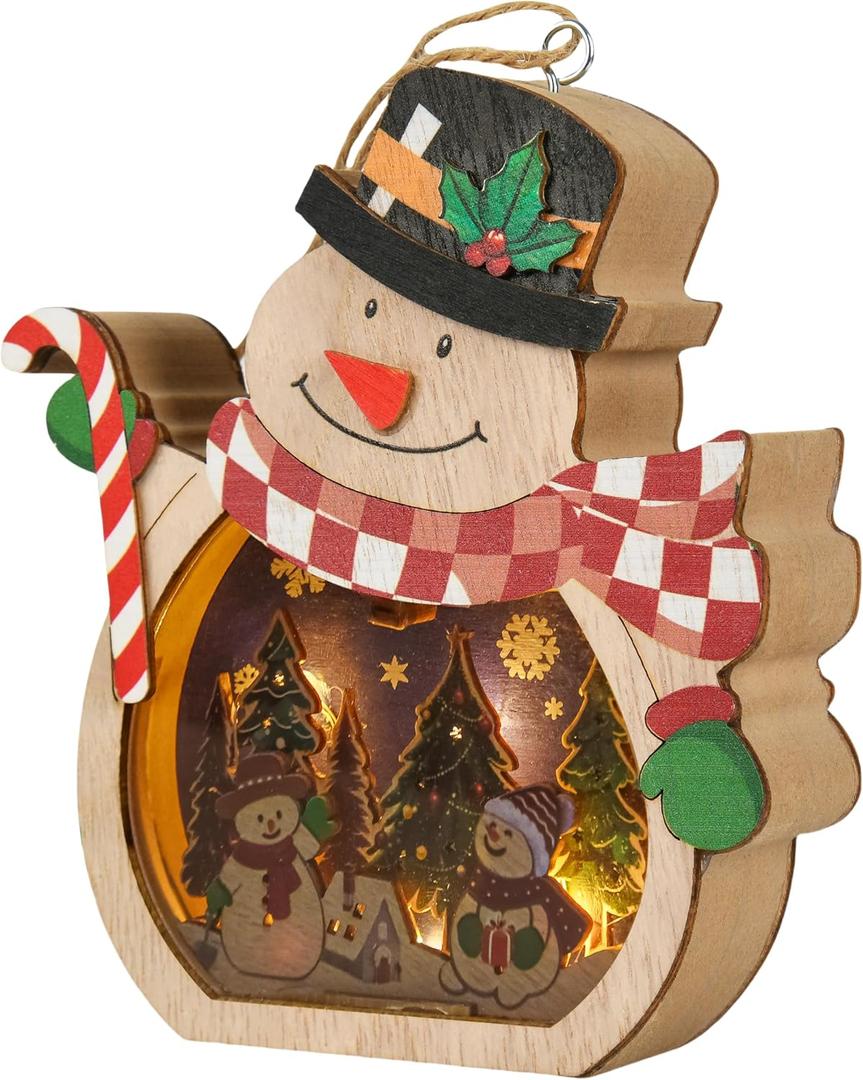 Light up Christmas Ornaments, Wooden Snowman Hanging Ornaments for The Home, Light-Up Festive Snowman Xmas Ornaments for Holiday Crafts, Christmas Party Gifts, Indoor Winter Decorations (Green)
